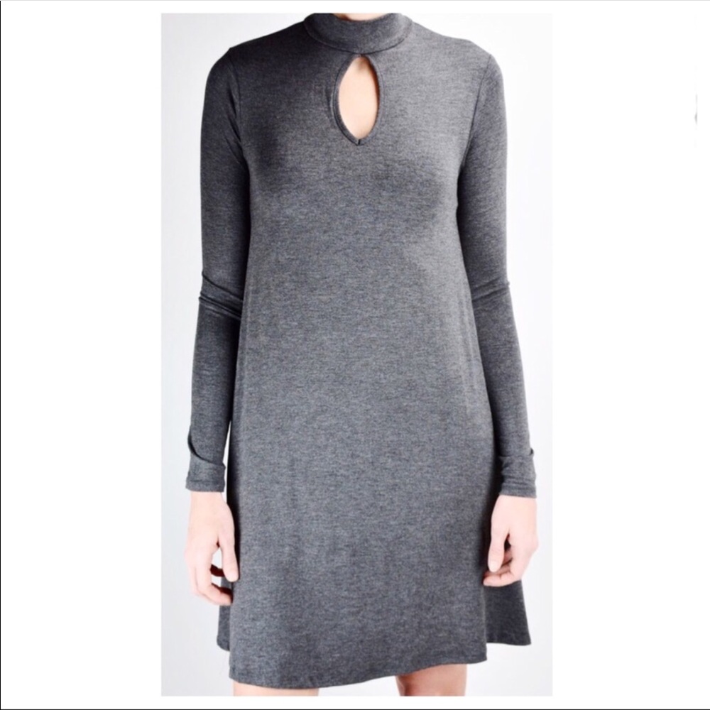 Elan mock neck keyhole swing dress gray